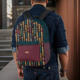 ダークエレガントティール（緑がかった色）とブルゴーニュの金ゴールドヴィンテージブック プリントバックパック