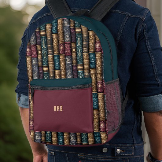 ダークエレガントティール（緑がかった色）とブルゴーニュの金ゴールドヴィンテージブック プリントバックパック