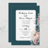 ダークエレガントティール（緑がかった色）ダスティバラフローラ 招待状 (正面/裏面)