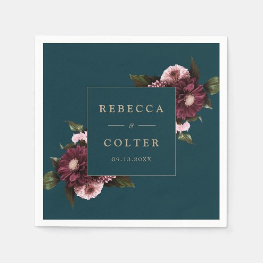 ダークエレガントティール（緑がかった色）ブルゴーニュフローラ結婚ズ スタンダードカクテルナプキン (正面)