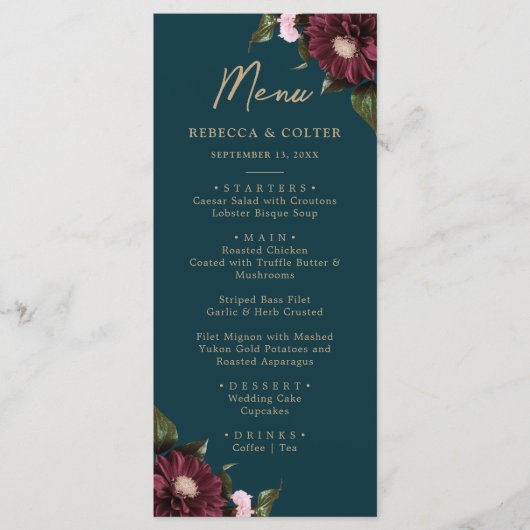 ダークエレガントティール(緑がかった色)ブルゴーニュフローラ結婚ズ メニュー (正面)