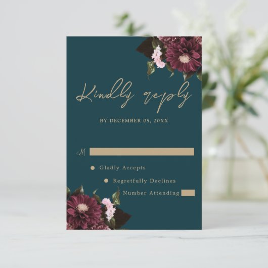 ダークエレガントティール（緑がかった色）ブルゴーニュフローラ結婚ズ 出欠カード (スタンド正面)