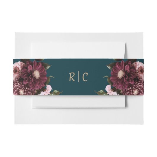 ダークエレガントティール（緑がかった色）ブルゴーニュフローラ結婚ズ 招待状ベリーバンド (正面例)