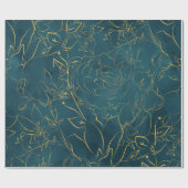 ダークエレガントティール(緑がかった色)ブルーウォーター色ゴールドフォイルフローラ ラッピングペーパー (フラット)