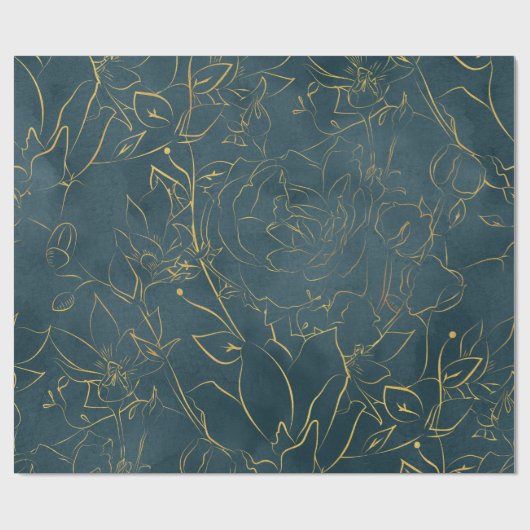 ダークエレガントティール（緑がかった色）ブルーウォーター色ゴールドフォイルフローラ ラッピングペーパー (フラット)