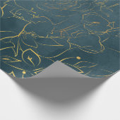 ダークエレガントティール(緑がかった色)ブルーウォーター色ゴールドフォイルフローラ ラッピングペーパー (角)