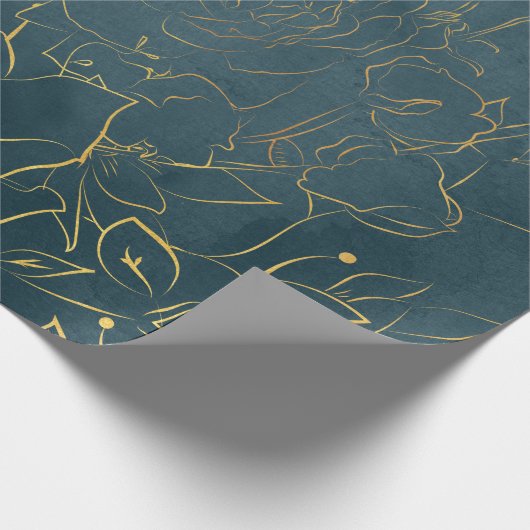 ダークエレガントティール（緑がかった色）ブルーウォーター色ゴールドフォイルフローラ ラッピングペーパー (角)
