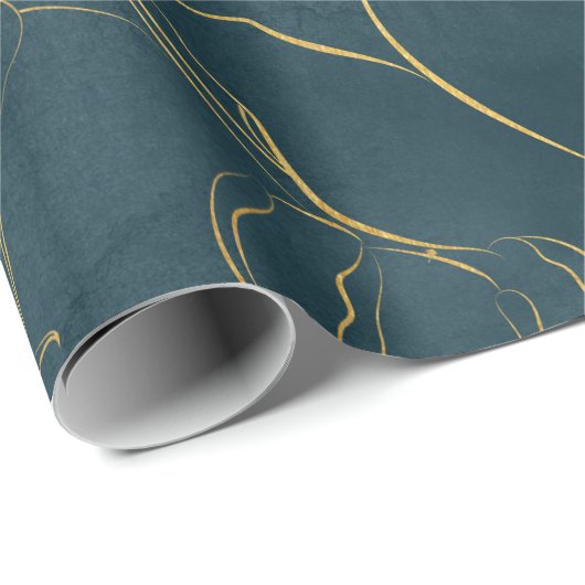 ダークエレガントティール（緑がかった色）ブルーウォーター色ゴールドフォイルフローラ ラッピングペーパー (ロールコーナー)