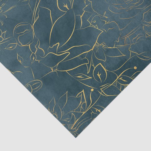 ダークエレガントティール（緑がかった色）ブルーウォーター色ゴールドフォイルフローラ 薄葉紙 (詳細)