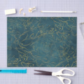 ダークエレガントティール（緑がかった色）ブルーウォーター色ゴールドフォイルフローラ 薄葉紙 (クラフト)