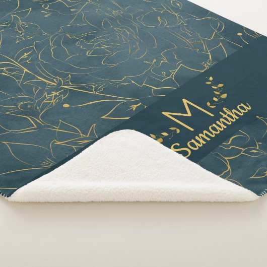 ダークエレガントティール（緑がかった色）ブルー&ゴールドフォイルフローラモノグラム シェルパブランケット (3/4)