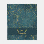 ダークエレガントティール（緑がかった色）ブルー&ゴールドフォイルフローラモノグラム フリースブランケット (正面)