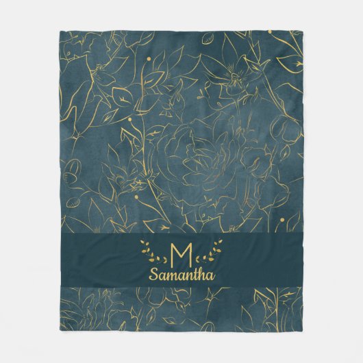 ダークエレガントティール(緑がかった色)ブルー&ゴールドフォイルフローラモノグラム フリースブランケット (正面)