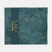 ダークエレガントティール（緑がかった色）ブルー&ゴールドフォイルフローラモノグラム フリースブランケット (正面(横))