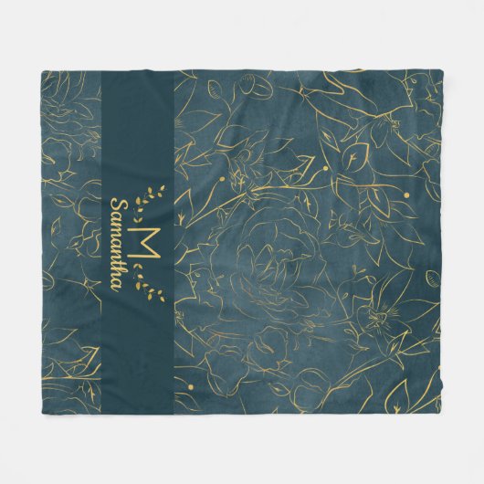ダークエレガントティール(緑がかった色)ブルー&ゴールドフォイルフローラモノグラム フリースブランケット (正面(横))