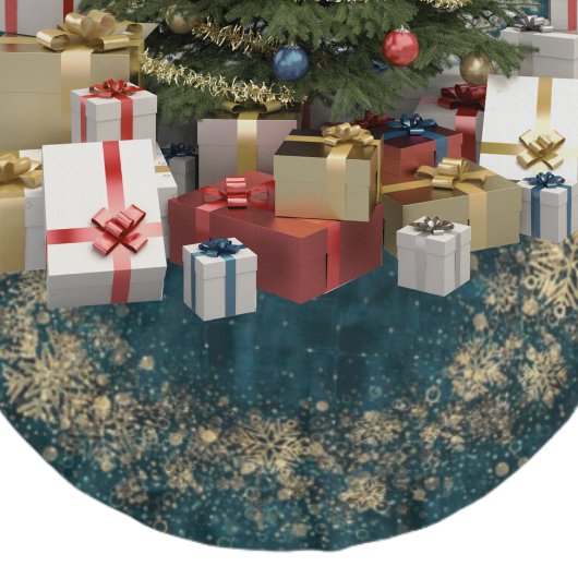 ダークエレガントティール(緑がかった色)ベルベット金ゴールド雪の結晶クリスマス ブラッシュドポリエステルツリースカート