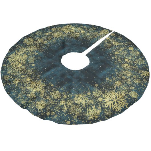 ダークエレガントティール(緑がかった色)ベルベット金ゴールド雪の結晶クリスマス ブラッシュドポリエステルツリースカート (アングル)