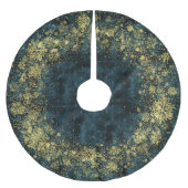 ダークエレガントティール(緑がかった色)ベルベット金ゴールド雪の結晶クリスマス ブラッシュドポリエステルツリースカート (正面)