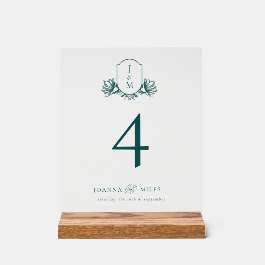 ダークエレガントティール（緑がかった色）ボタニカルモノグラムクレスト アクリルサイン (正面)