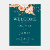 ダークエレガントティール（緑がかった色）秋フローラ結婚ズ・ウェルカム アクリルサイン (正面)