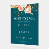 ダークエレガントティール（緑がかった色）秋フローラ結婚ズ・ウェルカム アクリルサイン (傾斜)