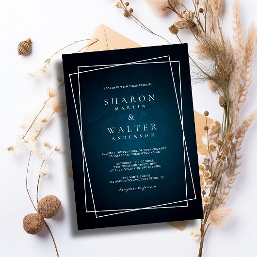 ダークエレガントネイビーシックホワイトフレーム素朴ズ 招待状