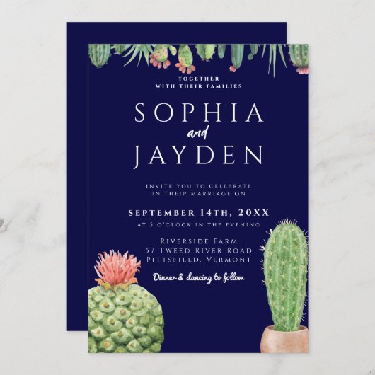 ダークエレガントネイビーブルーサボテン水の色結婚の数 招待状 (正面/裏面)