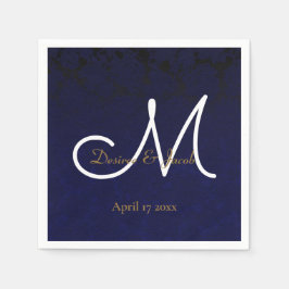 ダークエレガントネイビーブルー金ゴールドホワイトモノグラムフローラ スタンダードカクテルナプキン
