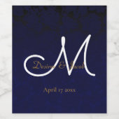 ダークエレガントネイビーブルー金ゴールドホワイトモノグラムフローラ ワインラベル (シングルラベル)