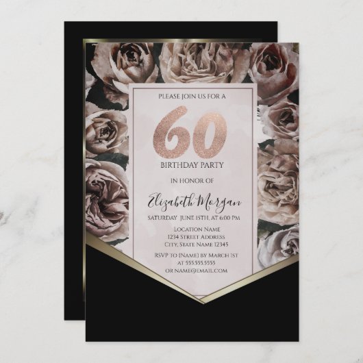 ダークエレガントバラ60誕生日 招待状 (正面/裏面)