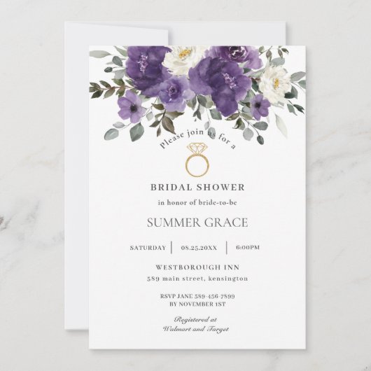 ダークエレガントパープルフローラリングや輪ブライダルシャワー 招待状 (正面)