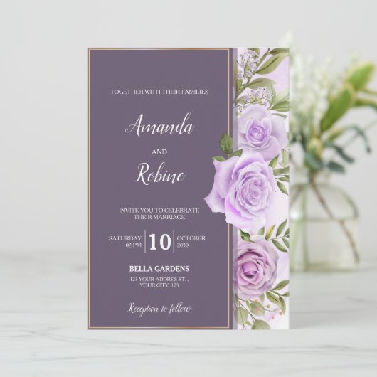 ダークエレガントパープルフローラ結婚式招待状 招待状 (スタンド正面)