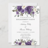ダークエレガントパープルホワイトフローラ婚約パーティ 招待状 (正面)