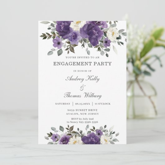 ダークエレガントパープルホワイトフローラ婚約パーティ 招待状 (スタンド正面)