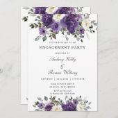 ダークエレガントパープルホワイトフローラ婚約パーティ 招待状 (正面/裏面)