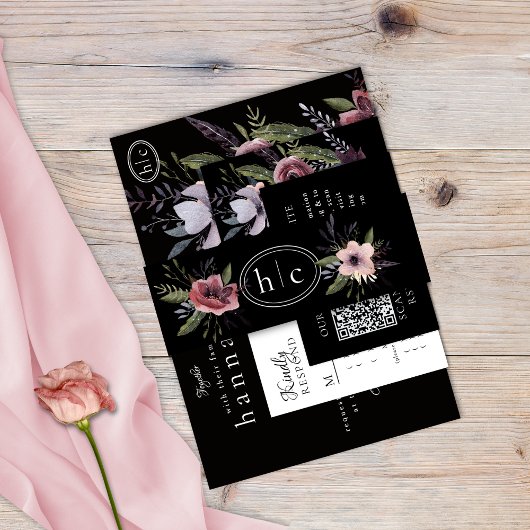 ダークエレガントフローラカスケードブラックブルゴーニュ 招待状ベリーバンド