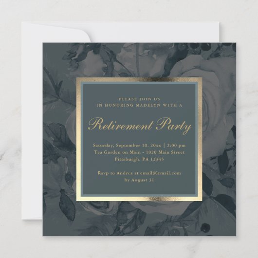 ダークエレガントフローラブルーグレー退職パーティー 招待状 (正面)