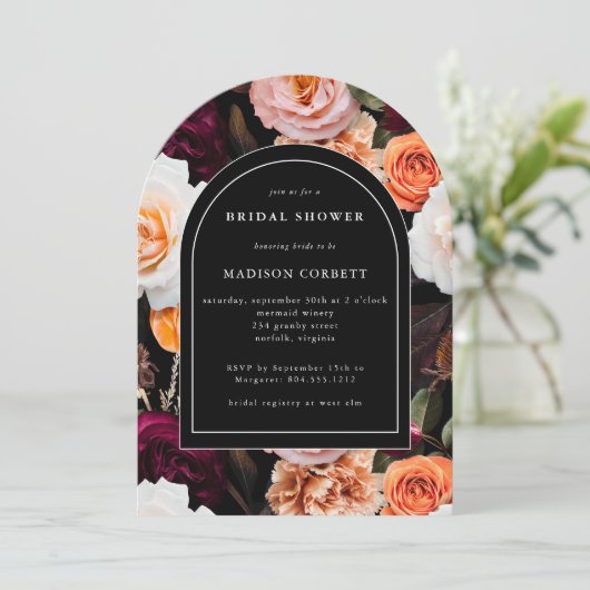 ダークエレガントブラックオータムフローラブライダルシャワー 招待状 (スタンド正面)