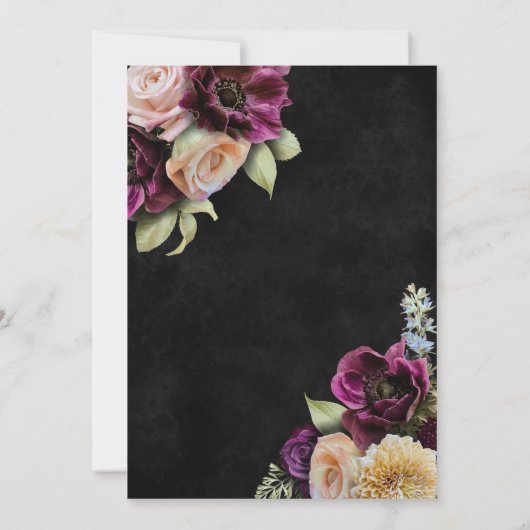 ダークエレガントブラックドラマチックフローラブライダルシャワー 招待状 (裏面)