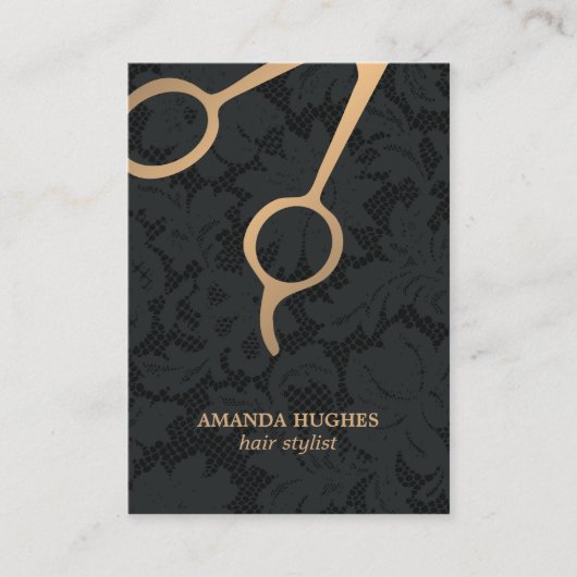 ダークエレガントブラックレース金ゴールドシザー美容師 名刺 (正面)