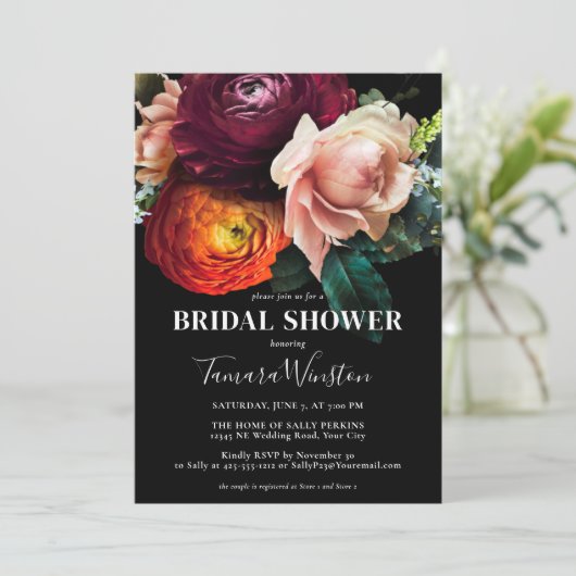 ダークエレガントブルガンディオレンジフローラブライダルシャワー 招待状 (スタンド正面)