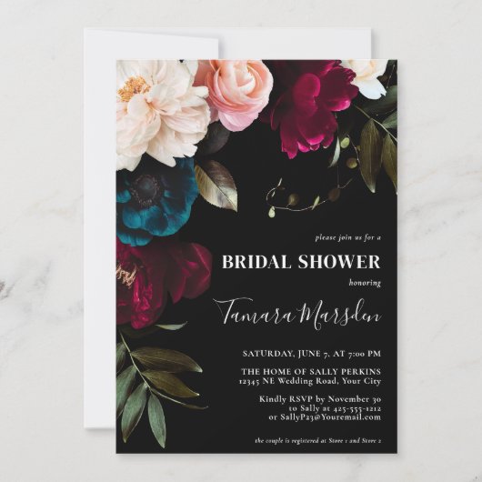 ダークエレガントブルガンディブルー赤面フローラブラック 招待状 (正面)