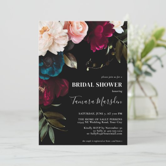 ダークエレガントブルガンディブルー赤面フローラブラック 招待状 (スタンド正面)