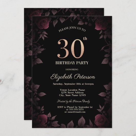 ダークエレガントブルゴーニュバラブラック30歳の誕生日 招待状 (正面/裏面)