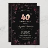 ダークエレガントブルゴーニュバラブラック40歳の誕生日 招待状 (正面/裏面)