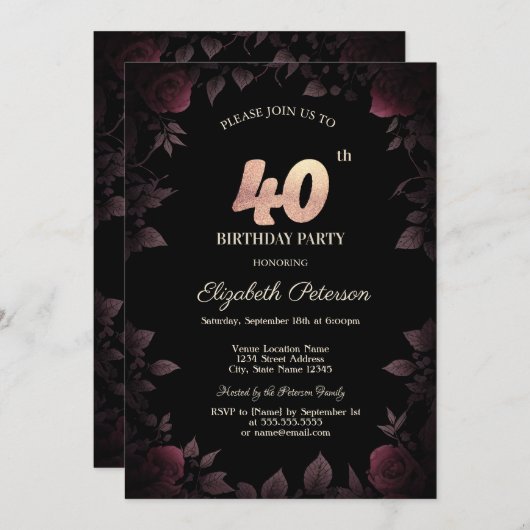 ダークエレガントブルゴーニュバラブラック40歳の誕生日 招待状 (正面/裏面)