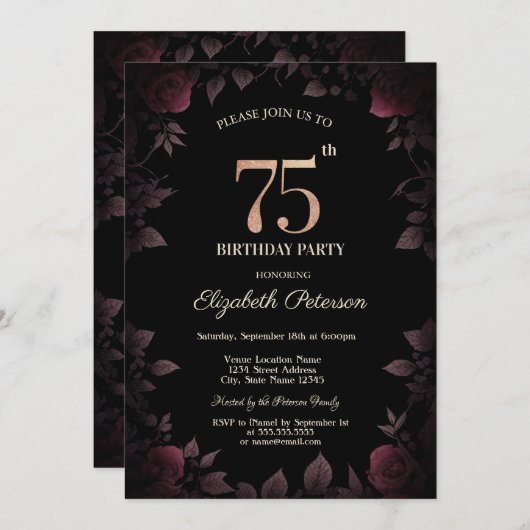 ダークエレガントブルゴーニュバラブラック75誕生日 招待状 (正面/裏面)