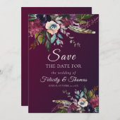 ダークエレガントブルゴーニュフローラ結婚式の日付を保存 招待状 (正面/裏面)