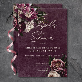 ダークエレガントブルゴーニュ白フローラカップルのシャワー 招待状