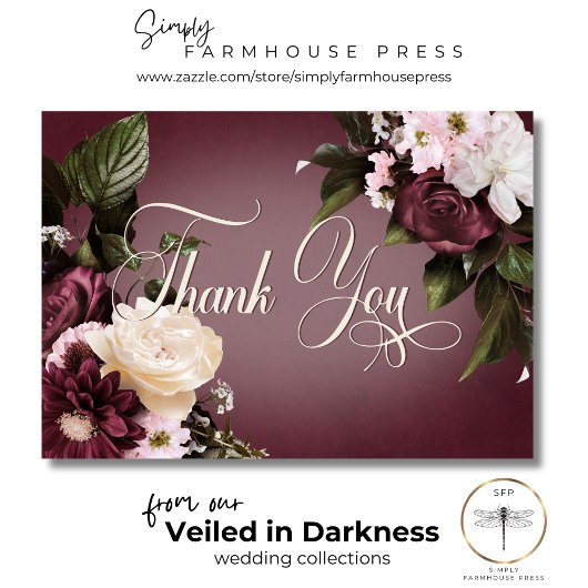 ダークエレガントブルゴーニュ&クリーぼやけムフローラ結婚ズ サンキューカード